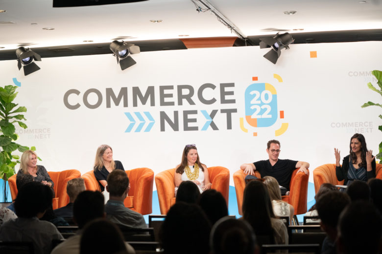 CommerceNext Ecommerce Conference with five panelists sitting in chairs discussing growth marketing