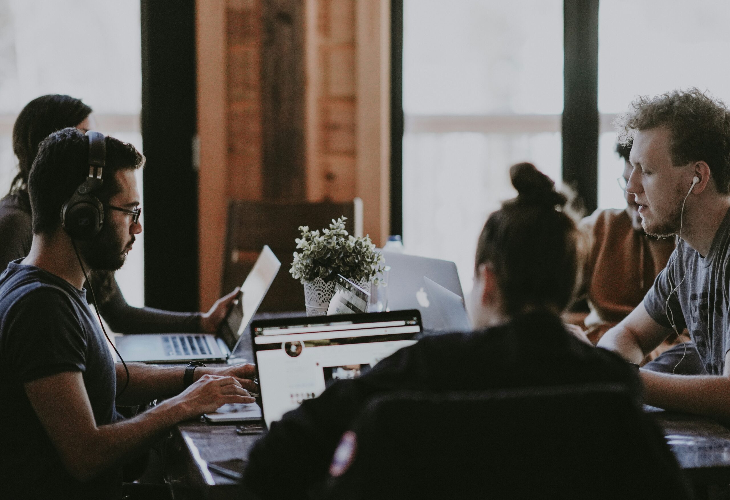 A group of young professionals working together around a table with laptops in a cozy, modern office space. Some wear headphones while focused on their screens, and a small potted plant sits in the center of the table, adding a touch of greenery to the work environment.
